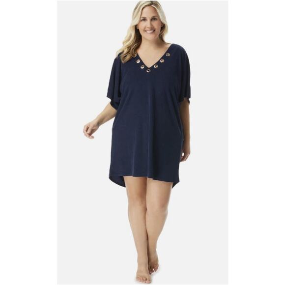 Michael Kors Grommet Lace-Up Tunic Dress Womens 3X Navy Blue Short Sleeve Resort - Picture 2 of 13